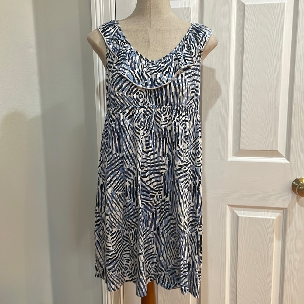 Ann Taylor loft dress blue white cotton ruffled neckline women’s size S small